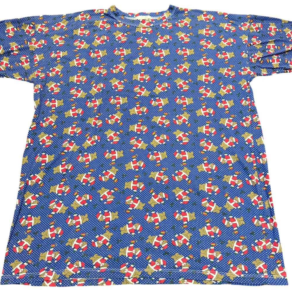 Cottagecore Christmas Bear Polka‎ Dot Sleep Shirt One Size Nightshirt Vintage